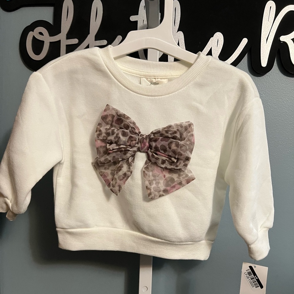 Disney Junior Minnie Mouse Tulle Leopard Bow Cream Sweatshirt NWT